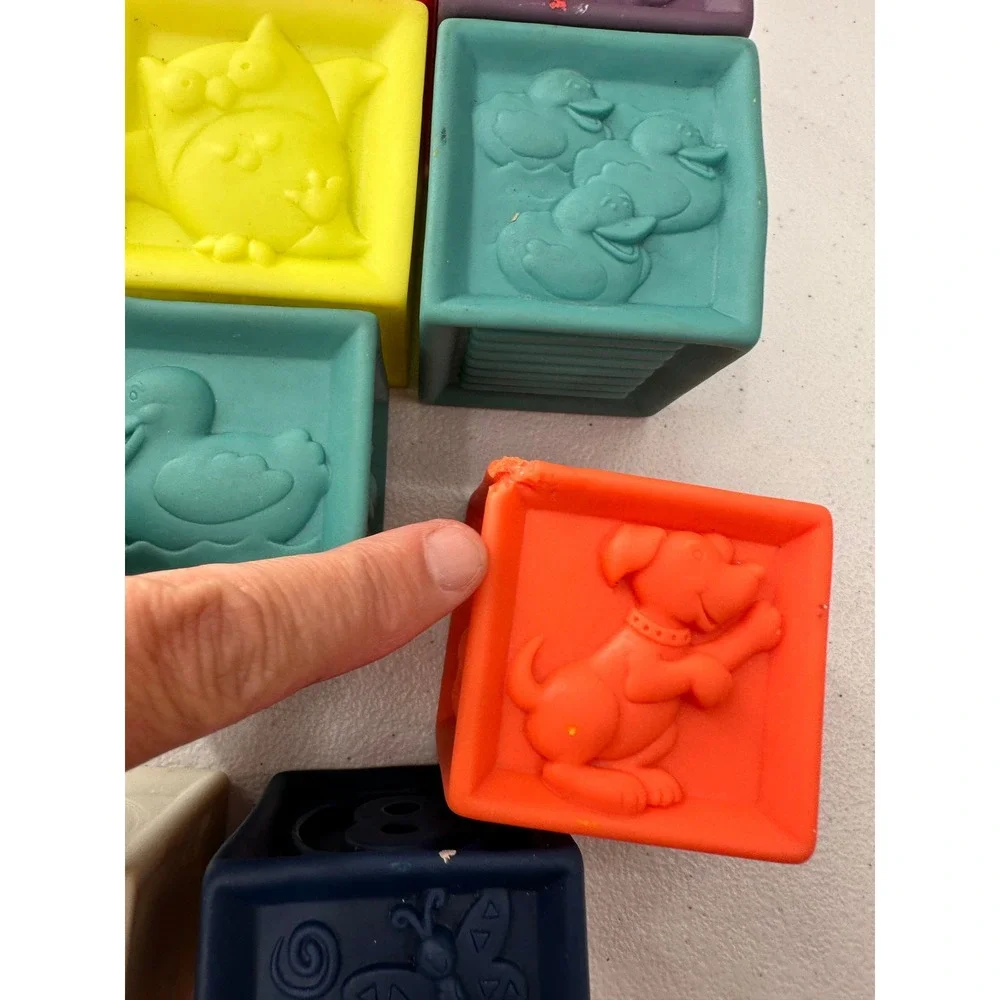 B Baby Soft Squeeze Blocks Building Toy Set Animals Letters Shapes Nursery Bag